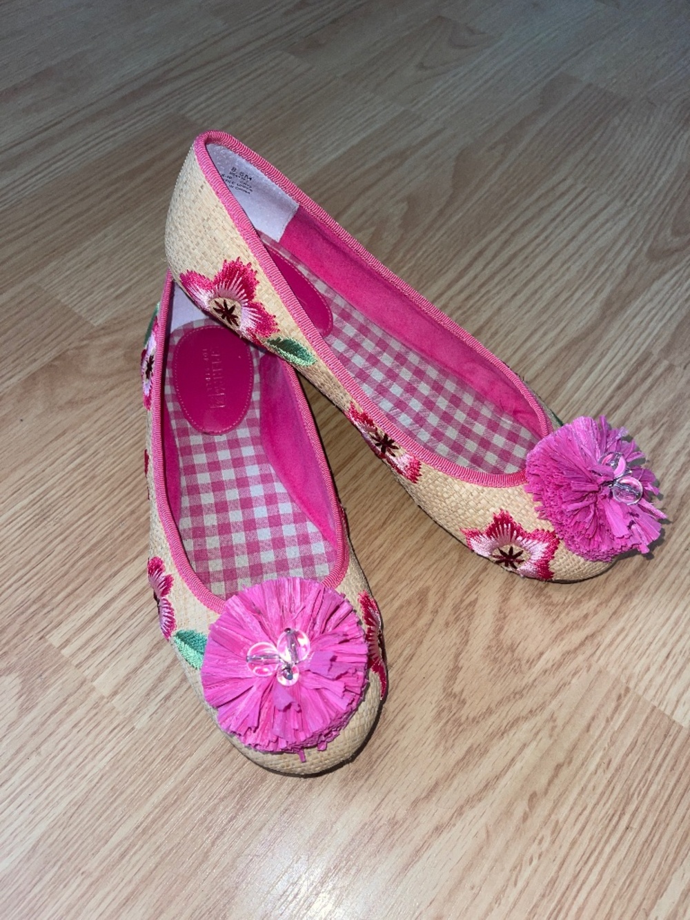 Sperry Grass Tweed Beige Raffia Pink Embroidered Flowers Flats Size 8.5